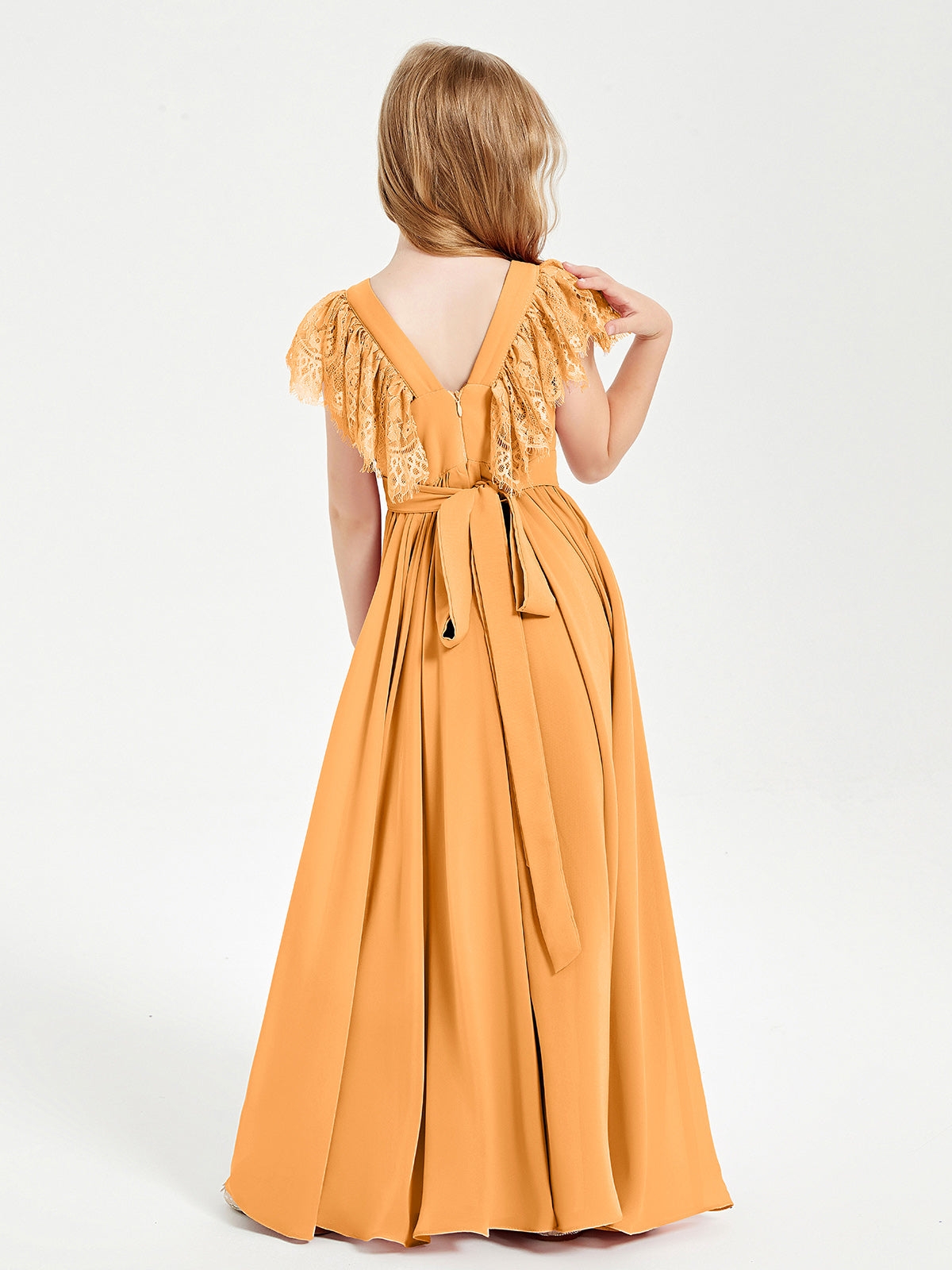 Chiffon Junior Bridesmaid Dresses with Lace Flutter Sleeves Tangerine